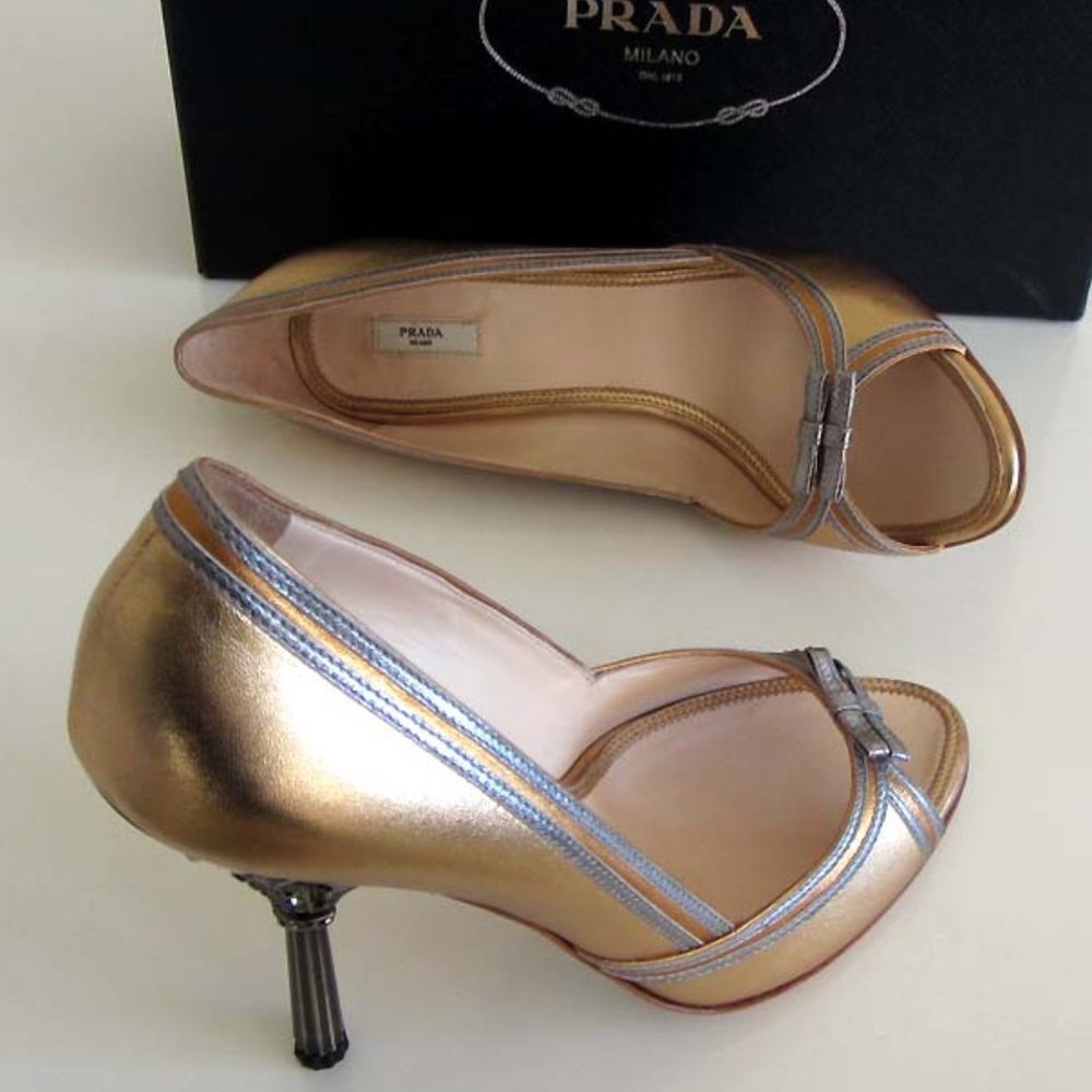 PRADA jeweled heel gold peep-toe pumps 40 / 10 US - Picture 4 of 8